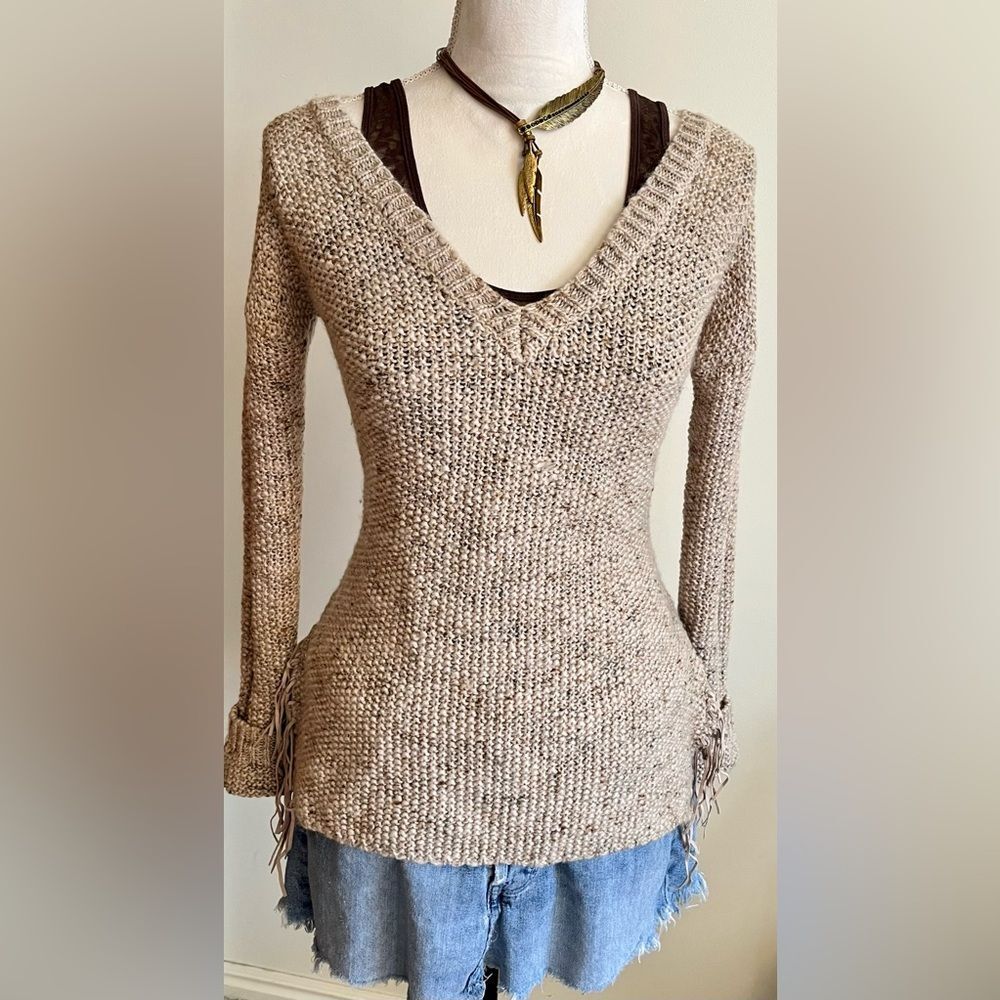 BKE Tan Double Deep V Neck Sweater with Fringe Sides SZ M